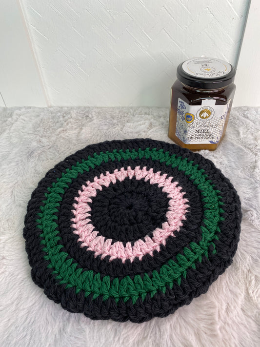 Hand Crocheted Black, Green, and Pink Cotton Hot Pad